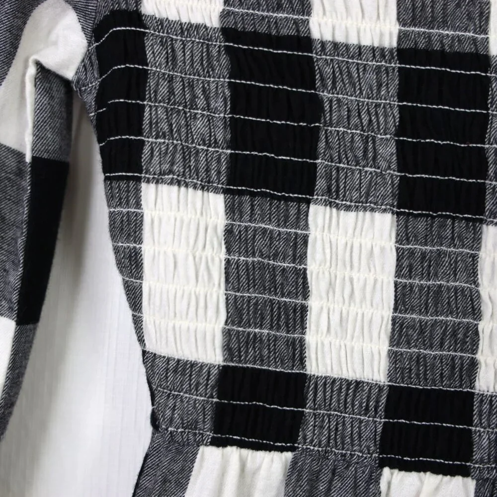 Old Navy Black White Plaid Flannel Smocked Long Sleeve Dress Girls‎ XL 14 16